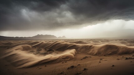 Obraz na płótnie Canvas A dramatic and stormy desert landscape with a raging sandstorm obscuring the horizon Generative AI