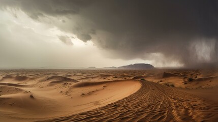 Fototapeta na wymiar A dramatic and stormy desert landscape with a raging sandstorm obscuring the horizon Generative AI