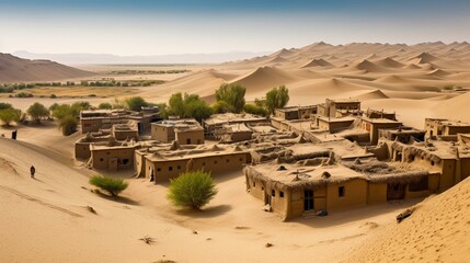 A small desert settlement with traditional mud-brick homes and winding streets, nestled in a valley between towering sand dunes Generative AI