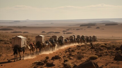 Fototapeta na wymiar A caravan of camels carrying goods and supplies across a vast and endless desert, with nothing but sand and sky in every direction Generative AI