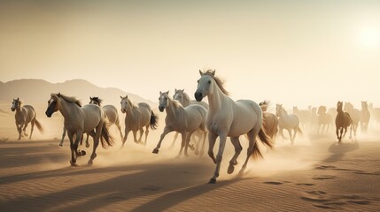 Fototapeta na wymiar A herd of majestic Arabian horses galloping freely across a wide expanse of desert sands Generative AI