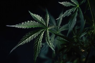 Naklejka na ściany i meble Cannabis plant detail on dark background Generative AI