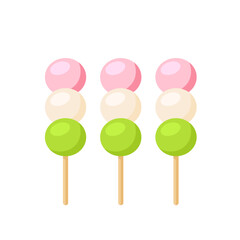 Japanese dessert hanami dango, sweets in the form of three rice balls on a stick, style icon, Isolated sign, symbol on white background with pink, green and white colors