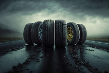Stack of car wheels on rainy asphalt road. Car tires in a row. Generative AI - obrazy, fototapety, plakaty