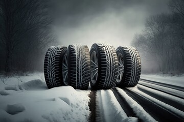 Stack of four car wheels on snowy winter road. Generative AI