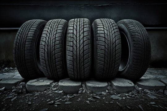 Stack of car tires on rainy asphalt road. Car tires in a row. Generative AI