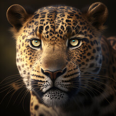 A close-up portrait of a young female leopard, panthera pardu, face
