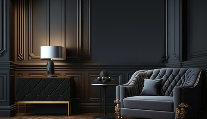 Modern classic black interior with capitone brown leather chester sofa - obrazy, fototapety, plakaty