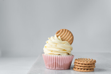 Pink cupcakes with tall american buttercream swirl and cookie garnish, cupcakes in pink liners with a tall vanilla buttercream and a cookie, birthday cupcakes on a white background