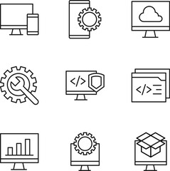 Collection of vector isolated signs drawn in line style. Editable stroke. Icons of computer, smartphone, gear, cloud store, coding, programming, online shopping