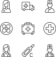 Collection of vector isolated signs drawn in line style. Editable stroke. Icons of doctor, ambulance, medical tape, cross, thermometer