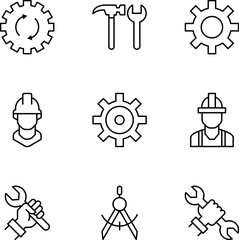 Collection of vector isolated signs drawn in line style. Editable stroke. Icons of cogwheel, spanner, wrench, compass, construction worker