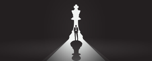 Experienced seasoned business career man employee in front of a bright chess king piece door with the shadow of a pawn - Being used, underachiever, change opportunity, career decision moment concept - obrazy, fototapety, plakaty