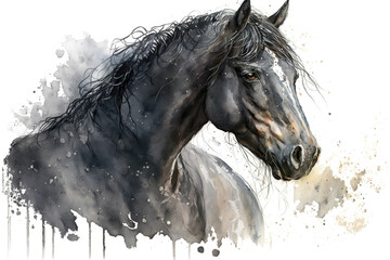 Generative AI. Horse head. Portrait of a black horse. Watercolor illustration.