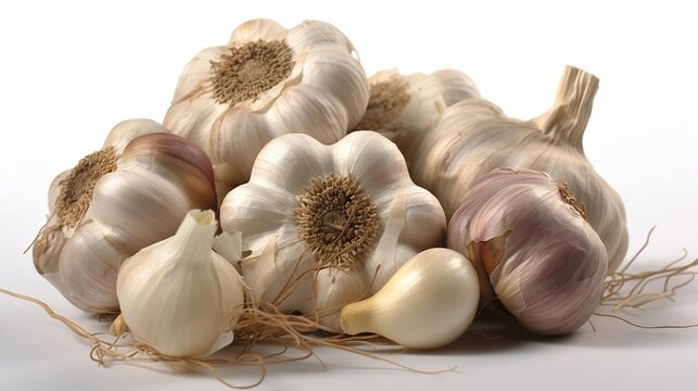 Pile of Whole Garlic on white background, AI generative.