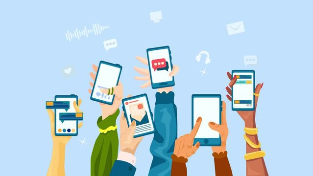 People who are using smart phone and social media. People hands with different messaging items and communication items on their phone screens. Different people holding phones. 2D Animation, 4K Resolut