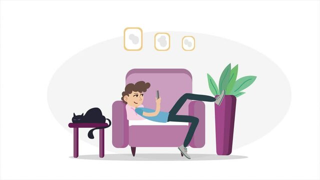 Boy and his cat in living room laying down. 2D Animation, 4K Resolution.