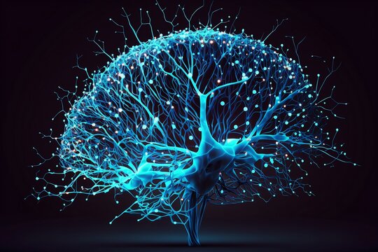 Neural network concept visualized with connected brain neurons as a tree model, artificial intelligence, internet of things, blue, generative AI, generative, AI
