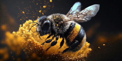 Close up of a bumble bee with yellow flower pollen explosion. Generative ai - obrazy, fototapety, plakaty