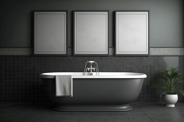 Gray themed bathroom, gray tiles and three posters above. Copyspace. Generative AI