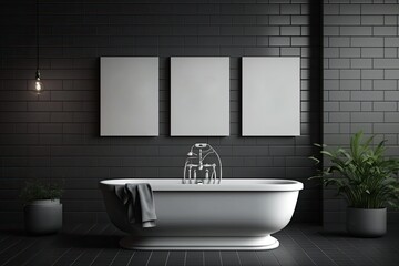 Fototapeta na wymiar Gray themed bathroom, gray tiles and three posters above. Copyspace. Generative AI