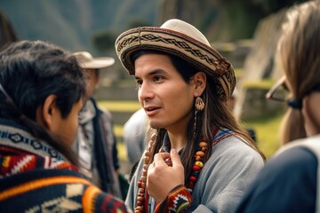 Indigenous tour guide talking with tourists in Machu Picchu, Close up shot, focus on foreground. Generative AI