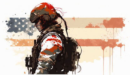 American flag with woman, patreoism, isolated on white background - watercolor style illustration background by Generative Ai