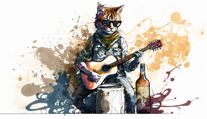 cat with sunglasses plays guitar isolated on white background - watercolor style illustration background by Generative Ai