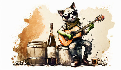 cat with sunglasses plays guitar isolated on white background - watercolor style illustration background by Generative Ai