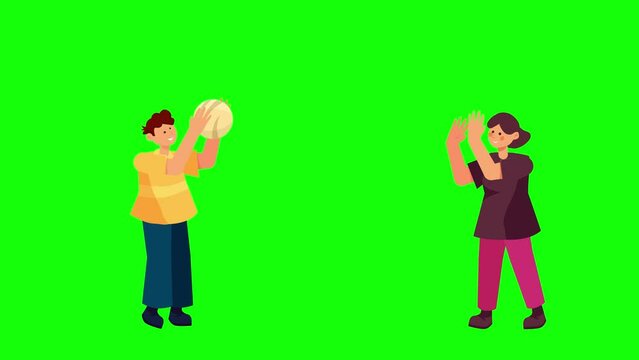 There are two children and playing ball. Animation of the two children playing toy ball at the playground. 2D Animation, chroma key, Loopable.