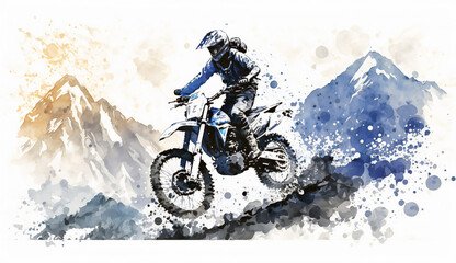 Motorcycle drives through terrain isolated on white background - watercolor style illustration background by Generative Ai - obrazy, fototapety, plakaty