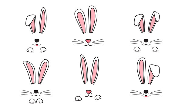 Easter bunny face, rabbit ear with paw, whisker. Doodle hare, cute character vector icon isolated on white background. Animal hand drawn illustration