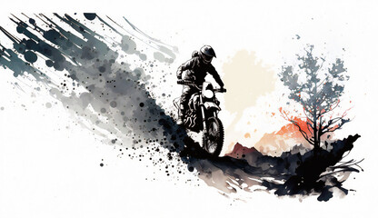 Motorcycle drives through terrain isolated on white background - watercolor style illustration background by Generative Ai