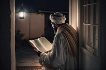 Muslim elder sitting in masjid reading quran before prayer time at subdued dark light AI generated