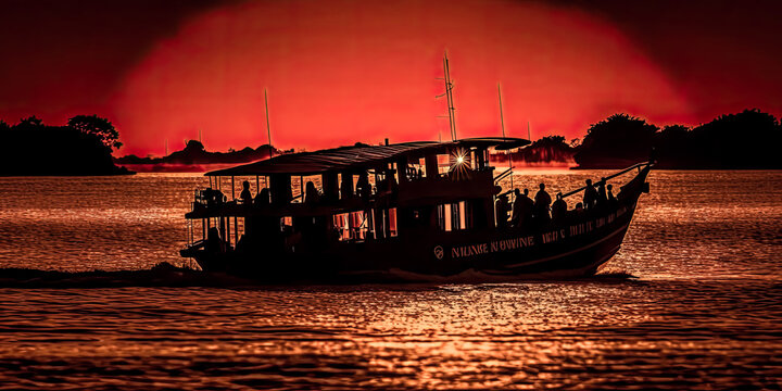 A Sunset boat ride on Ilha Do Mel, Paran, with an HD sky view - Generative AI.