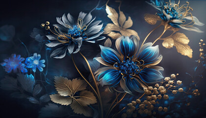 Mystic Magic of Luxurious Blue Flowers with Mystic Gold Color Created using Generative AI