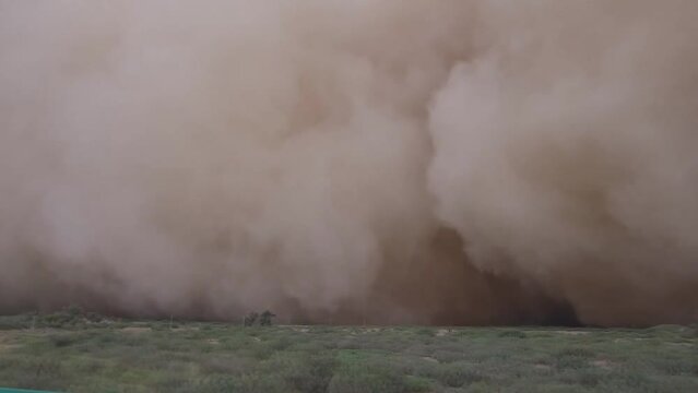 View from a car in the steppes of the Sultanate of Oman, a dust storm is moving towards us.