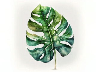 Watercolor illustration of monstera leaf on isolated white background created with Generative AI technology
