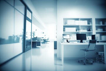 Fototapeta na wymiar Blurry blueish medical office interior. Clinic interior with blue background. Copyspace. Generative AI