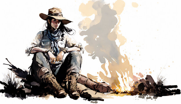 Cowgirl sitting in camping fire, isolated on white background - watercolor style illustration background by Generative Ai