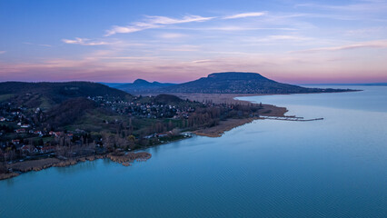 Twilight above the northwestern coastline of the Lake Balaton in Hungary.