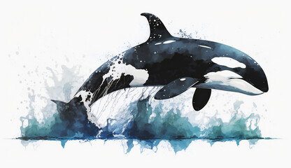 Obraz premium Killer whale orca jumping out of water, isolated on white background - watercolor style illustration background by Generative Ai