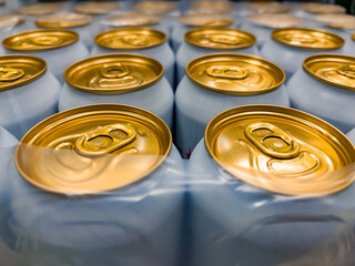 Tin cans of soda or beer stand in rows on a warehouse or supermarket shelf.