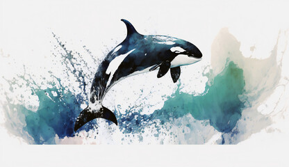 Obraz premium Killer whale orca jumping out of water, isolated on white background - watercolor style illustration background by Generative Ai