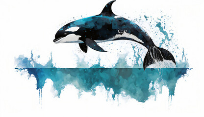 Killer whale orca jumping out of water, isolated on white background - watercolor style illustration background by Generative Ai
