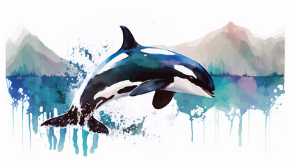 Killer whale orca jumping out of water, isolated on white background - watercolor style illustration background by Generative Ai - obrazy, fototapety, plakaty