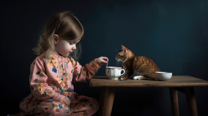a little girl drinking tea with a cat, generative ai illustration