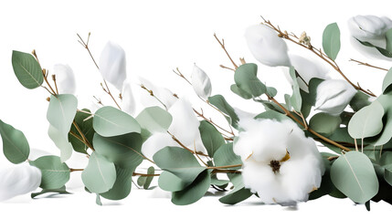 Flor branca de algodão com folhas e botões verdes., Generative Ai