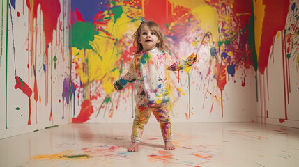 Obraz na płótnie Canvas a little girl with paint stained clothes painting wall and floor, generative ai illustration
