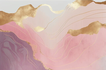 Fototapeta premium pink abstract background illustration with golden line art watercolor brush ink graphic design created with Generative AI tech